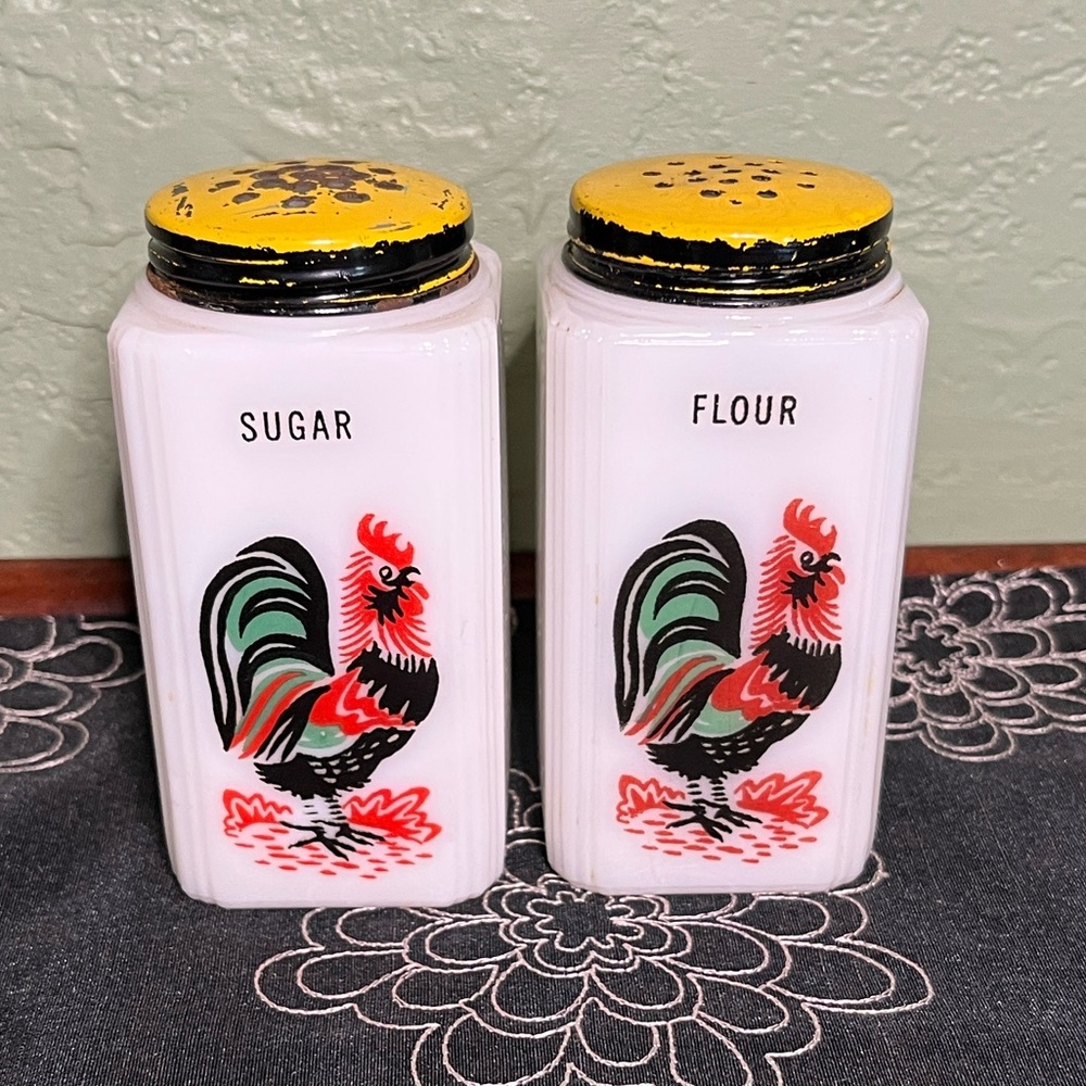 Vintage McKee Tipp City Rooster Milk Glass Shakers Sugar Flour Set Farmhouse